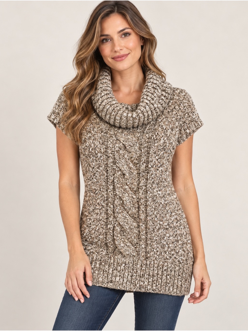 INC International Concepts Taupe Mix Cable-Knit Cowl Neck Sweater Tunic Medium